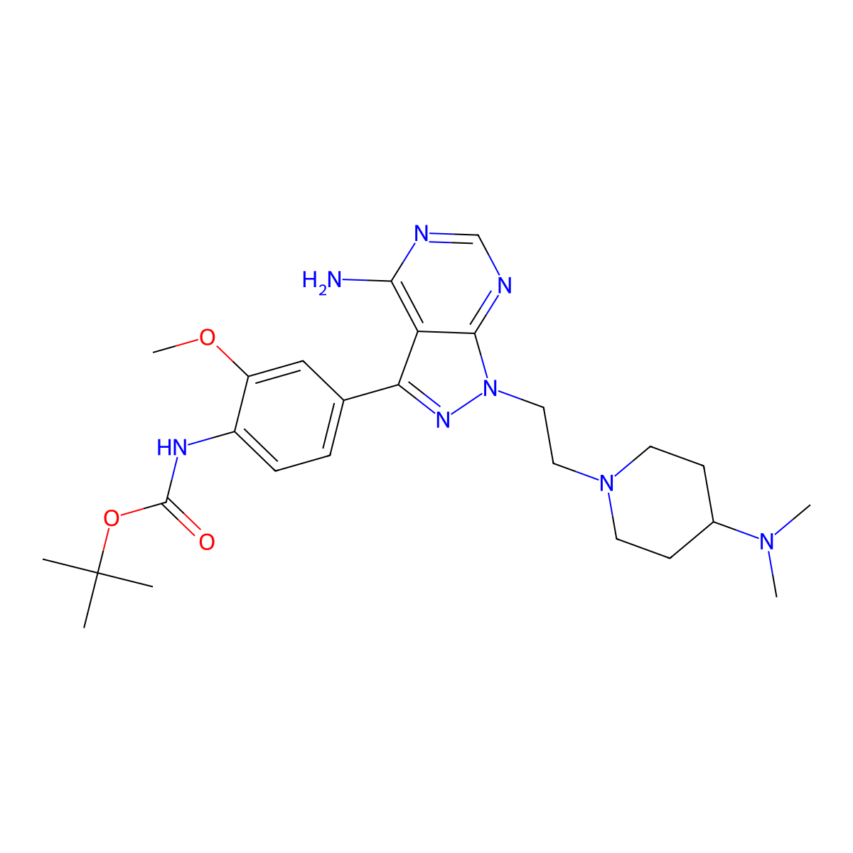 tert-butyl (4-(4-amino-1-(2-(4-(dimethylamino)piperidin-1-yl)ethyl)-1H-pyrazolo(3,4-d)pyrimidin-3-yl)-2-methoxyphenyl)carbamate molecular structure, CAS 1914078-41-3