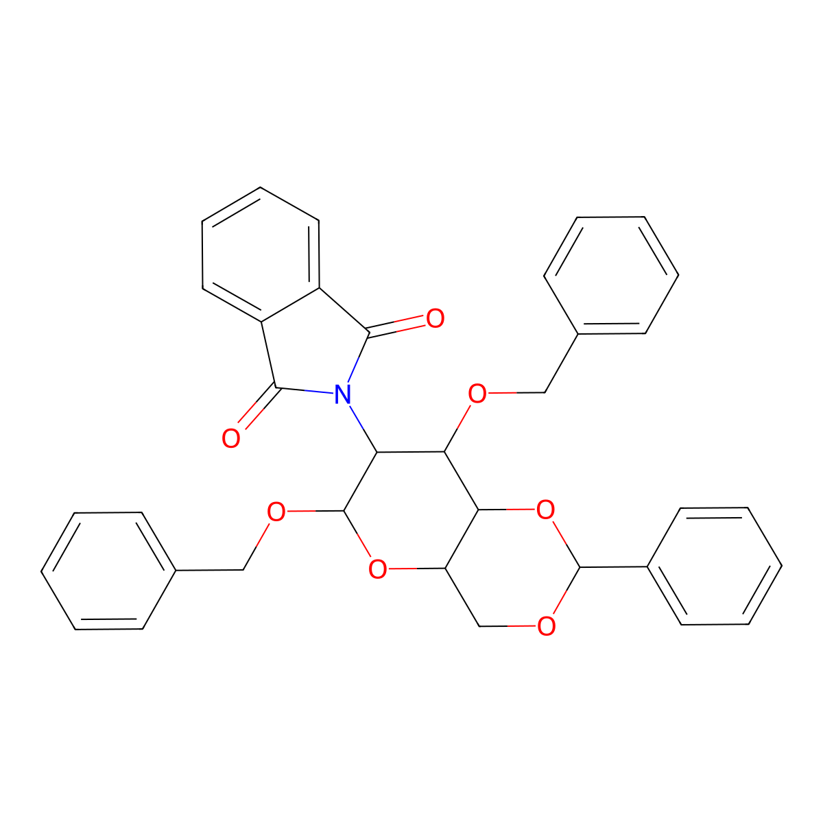 2-((2R,4aR,6R,7R,8R,8aS)-6,8-Bis(benzyloxy)-2-phenylhexahydropyrano[3,2-d][1,3]dioxin-7-yl)isoindoline-1,3-dione molecular structure, CAS 191482-37-8