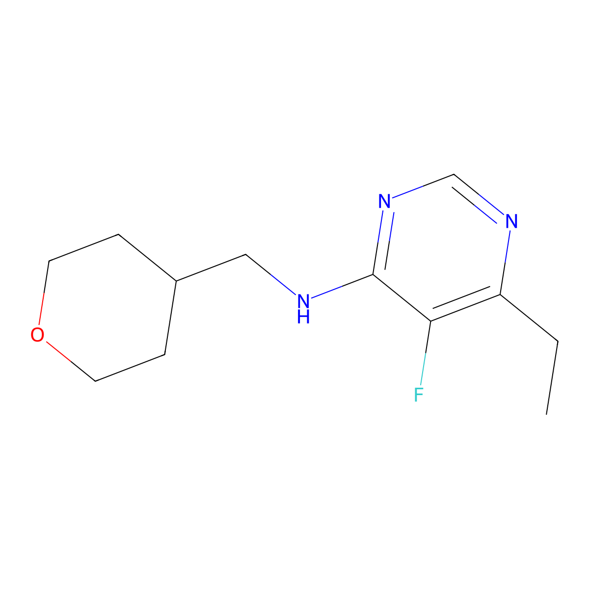 6-ethyl-5-fluoro-N-[(oxan-4-yl)methyl]pyrimidin-4-amine molecular structure, CAS 1915785-36-2