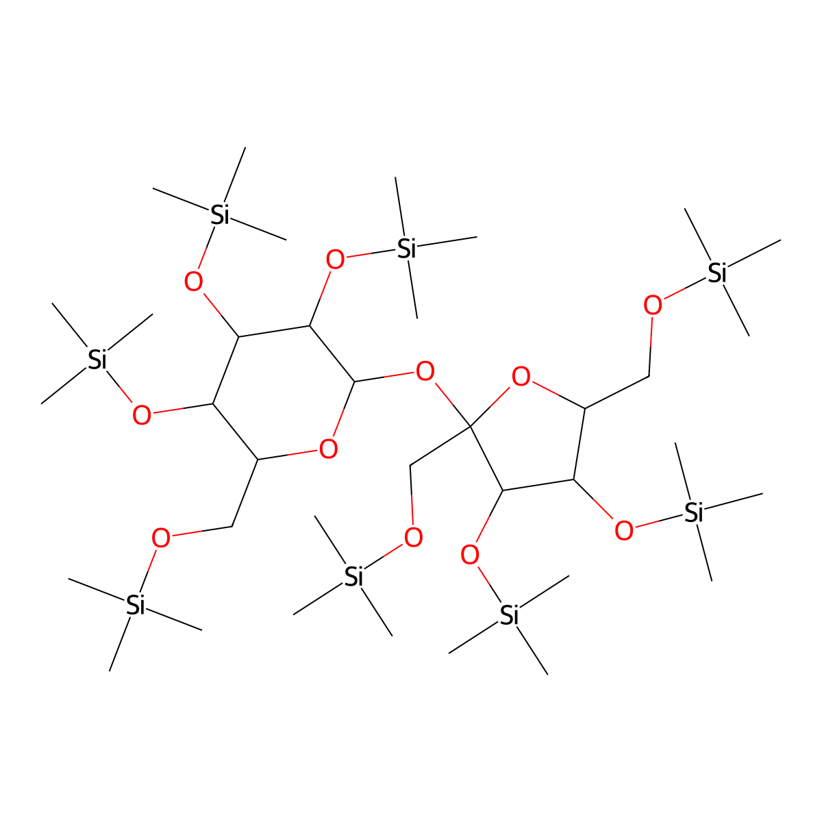Trimethyl-[4-trimethylsilyloxy-2,5-bis(trimethylsilyloxymethyl)-2-[3,4,5-tris(trimethylsilyloxy)-6-(trimethylsilyloxymethyl)oxan-2-yl]oxyoxolan-3-yl]oxysilane molecular structure, CAS 19159-25-2