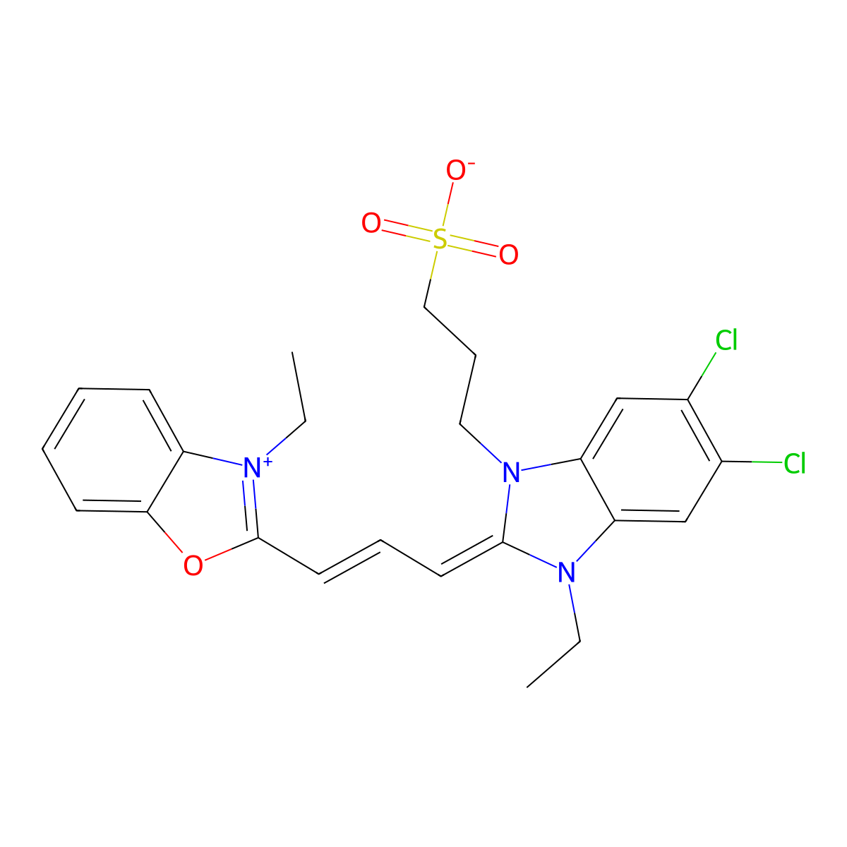 benzoxazolium, 2-(3-(5,6-dichloro-1-ethyl-1,3-dihydro-3-(3-sulfopropyl)-2h-benzimidazol-2-ylidene)-1-propen-1-yl)-3-ethyl-, inner salt molecular structure, CAS 19163-98-5