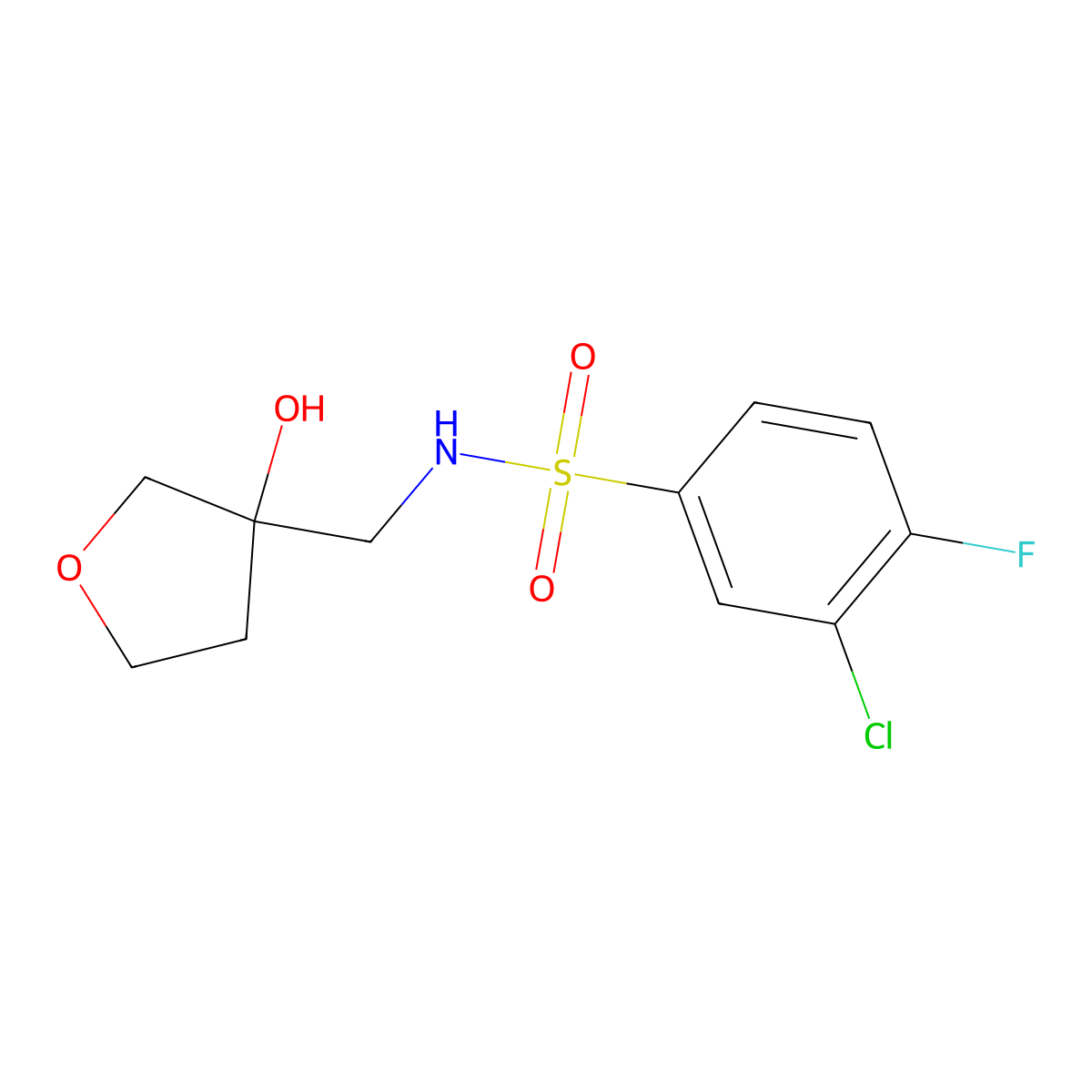 3-chloro-4-fluoro-N-((3-hydroxytetrahydrofuran-3-yl)methyl)benzenesulfonamide molecular structure, CAS 1916606-80-8
