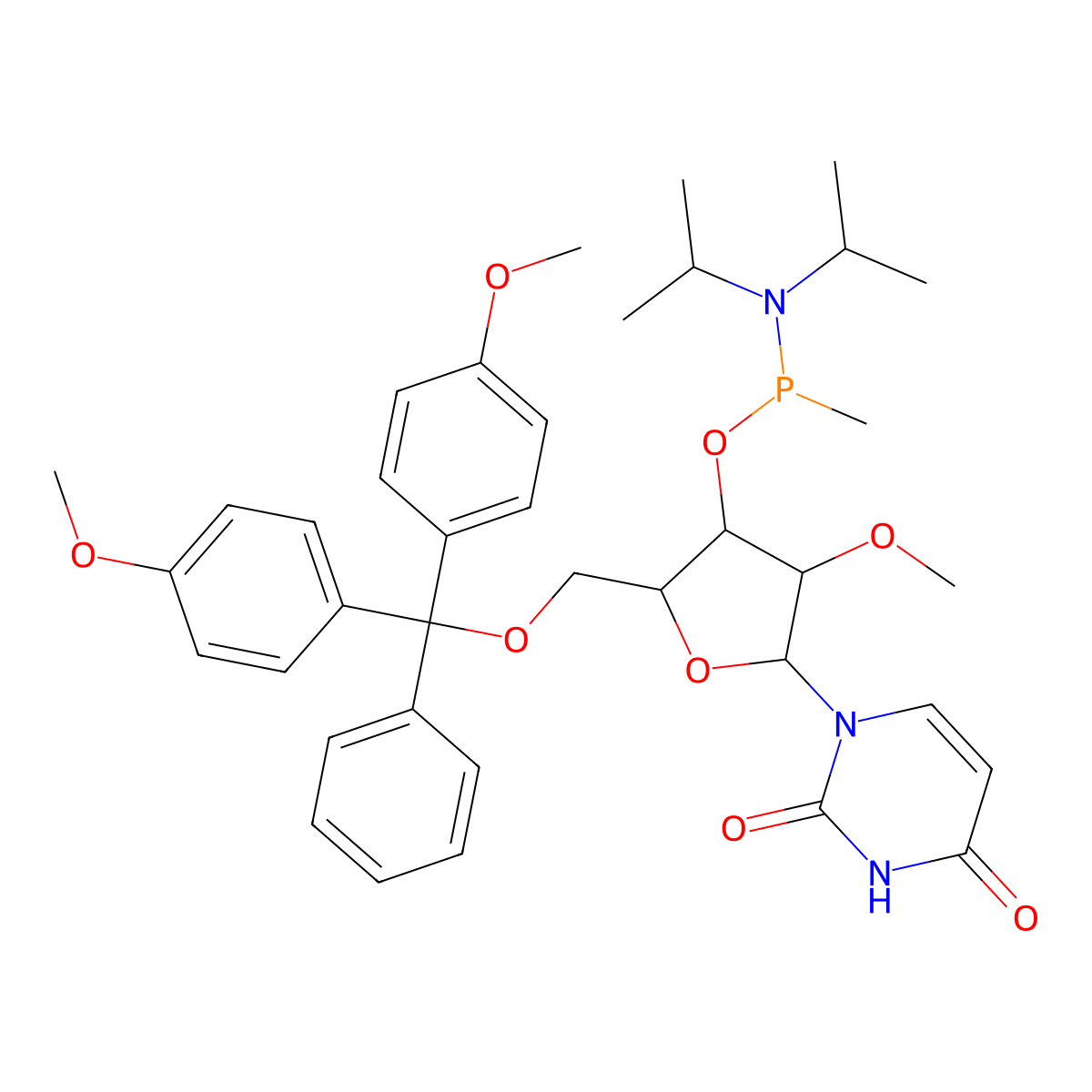 5'-O-DMTr-2'-OMeU-methyl phosphonamidite molecular structure, CAS 191786-64-8
