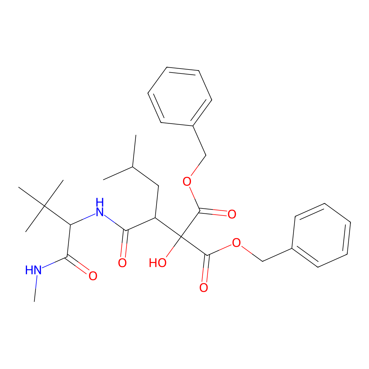 Dibenzyl 2-((R)-1-(((S)-3,3-dimethyl-1-(methylamino)-1-oxobutan-2-yl)amino)-4-methyl-1-oxopentan-2-yl)-2-hydroxymalonate molecular structure, CAS 191792-11-7