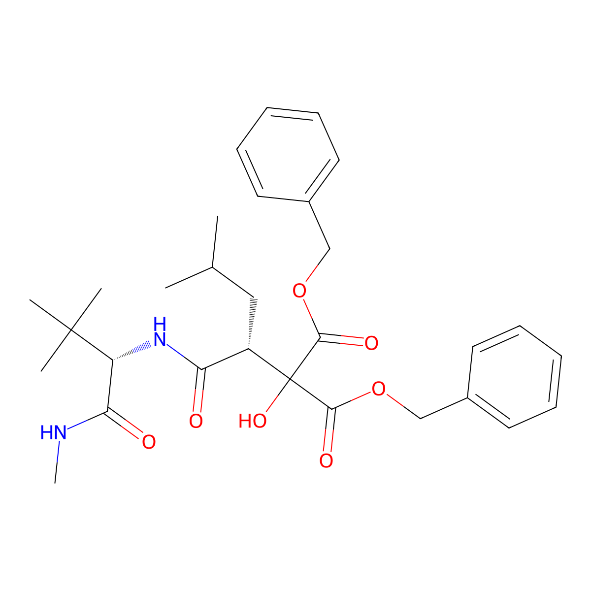 Dibenzyl 2-((R)-1-(((S)-3,3-dimethyl-1-(methylamino)-1-oxobutan-2-yl)amino)-4-methyl-1-oxopentan-2-yl)-2-hydroxymalonate molecular structure, CAS 191792-11-7