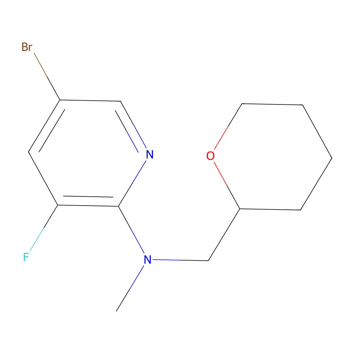5-bromo-3-fluoro-N-methyl-N-[(oxan-2-yl)methyl]pyridin-2-amine molecular structure, CAS 1918264-59-1