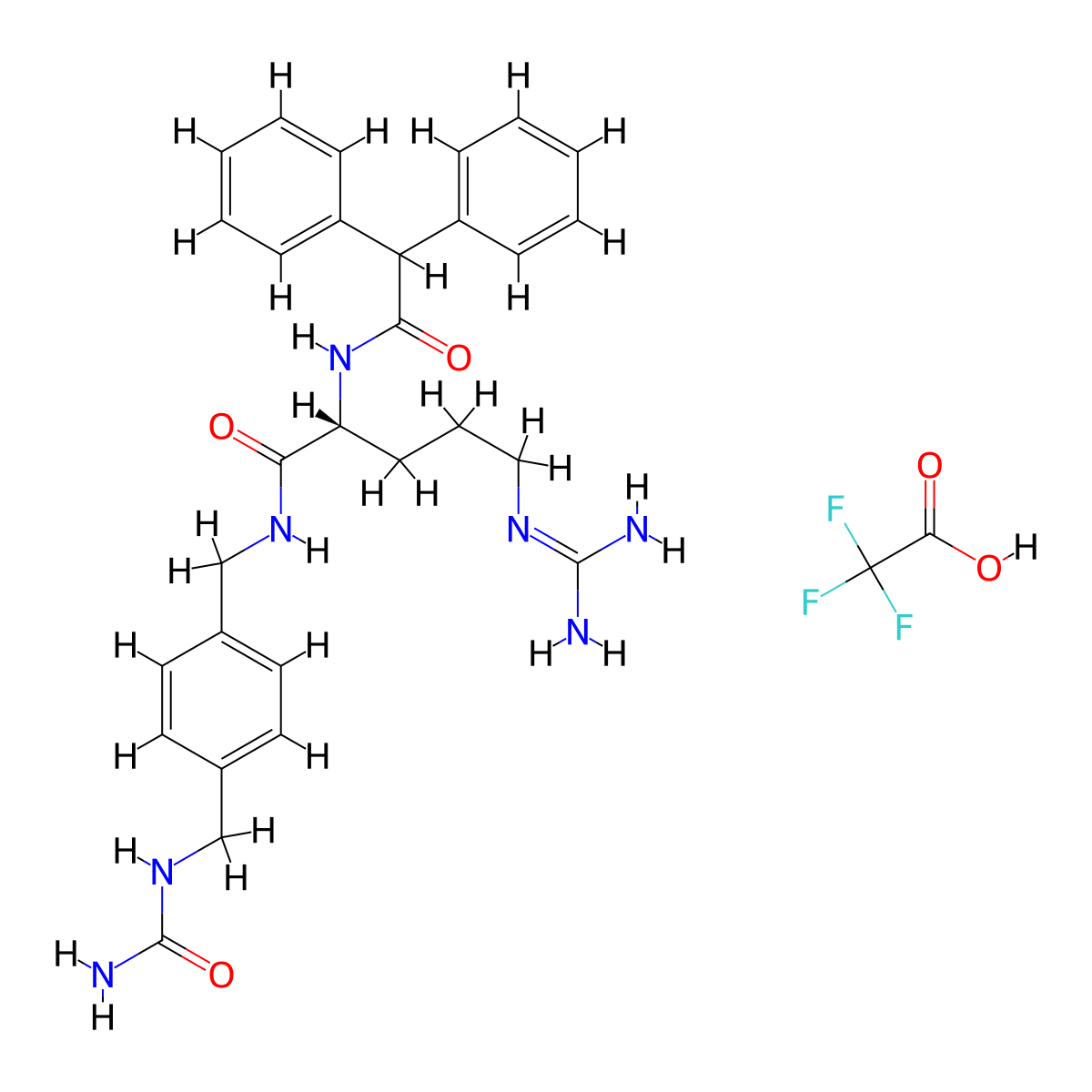 N-((1R)-1-((((4-(((Aminocarbonyl)amino)methyl)phenyl)methyl)amino)carbonyl)-4-((aminoiminomethyl)amino)butyl)-alpha-phenylbenzeneacetamide 2,2,2-trifluoroacetate (1:1) molecular structure, CAS 191868-14-1