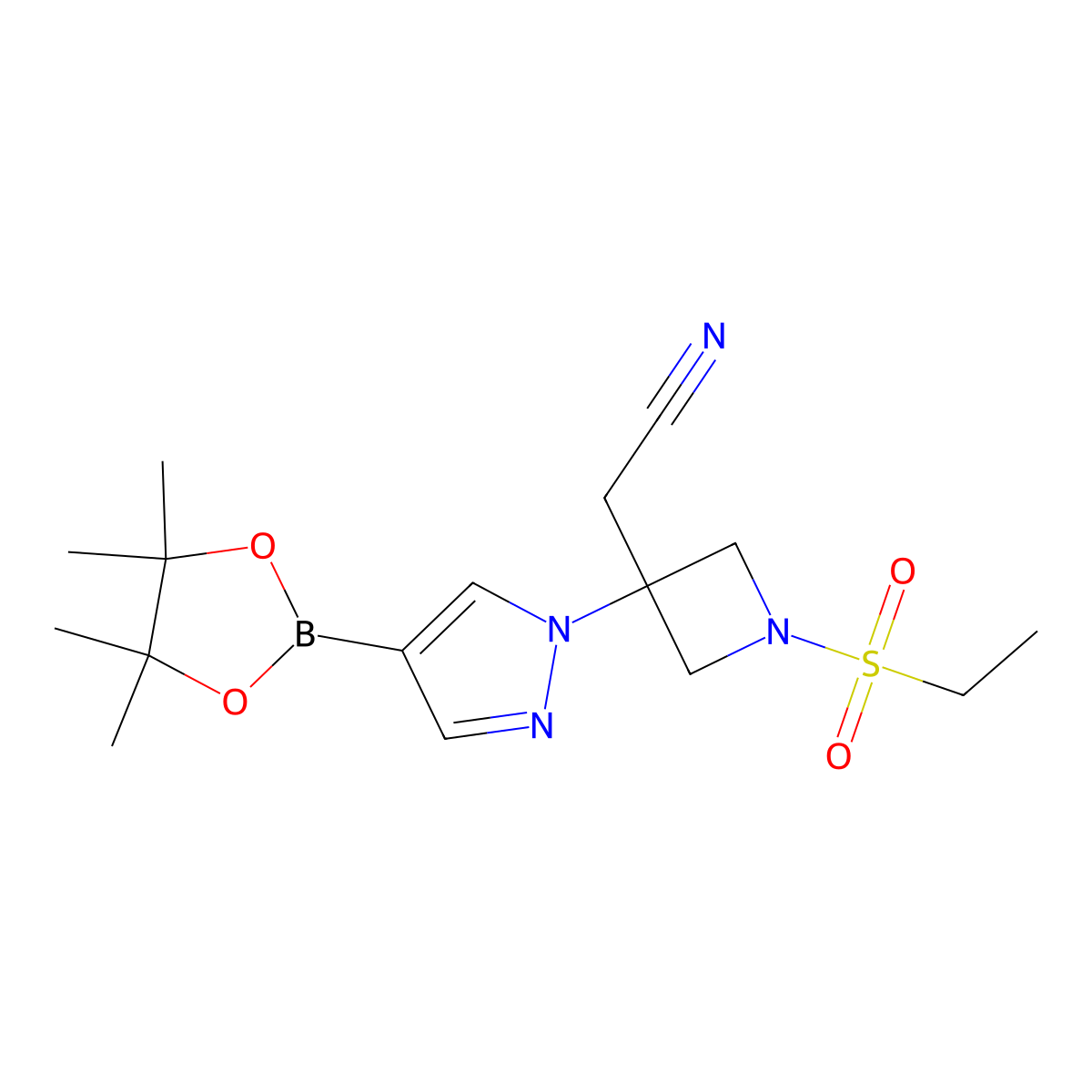 2-[1-(Ethanesulfonyl)-3-[4-(4,4,5,5-tetramethyl-1,3,2-dioxaborolan-2-yl)-1H-pyrazol-1-yl]azetidin-3-yl]acetonitrile molecular structure, CAS 1919837-50-5