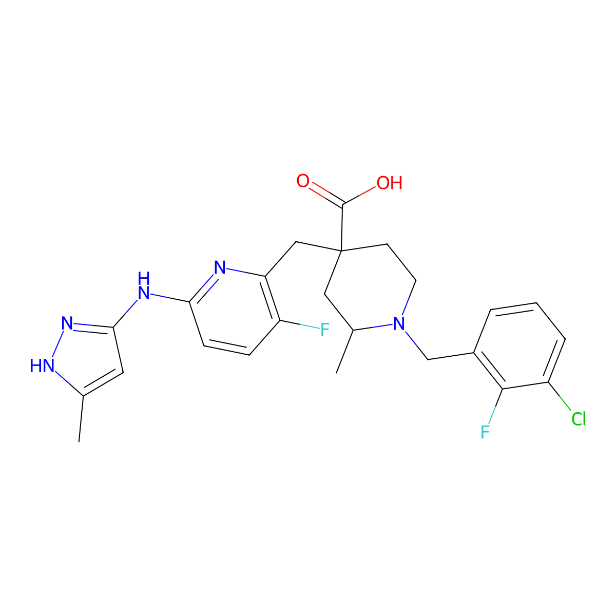 (2R,4R)-1-((3-chloro-2-fluorophenyl)methyl)-4-((3-fluoro-6-((5-methyl-1H-pyrazol-3-yl)amino)pyridin-2-yl)methyl)-2-methylpiperidine-4-carboxylic acid molecular structure, CAS 1919888-06-4