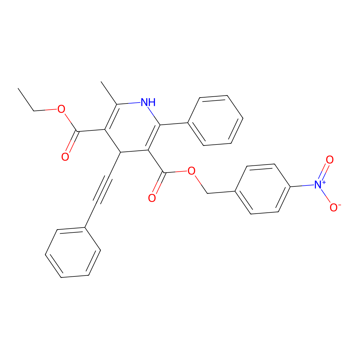 2-methyl-6-phenyl-4-(2-phenylethynyl)-1,4-dihydropyridine-3,5-dicarboxylic acid O3-ethyl ester O5-[(4-nitrophenyl)methyl] ester molecular structure, CAS 192053-05-7