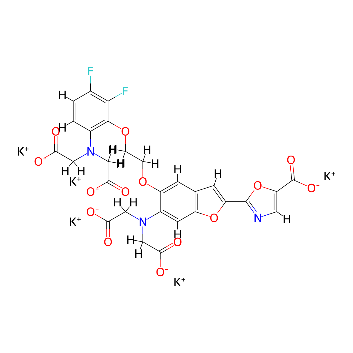 Pentapotassium;2-[6-[bis(carboxylatomethyl)amino]-5-[2-[6-[bis(carboxylatomethyl)amino]-2,3-difluorophenoxy]ethoxy]-1-benzofuran-2-yl]-1,3-oxazole-5-carboxylate molecular structure, CAS 192140-58-2