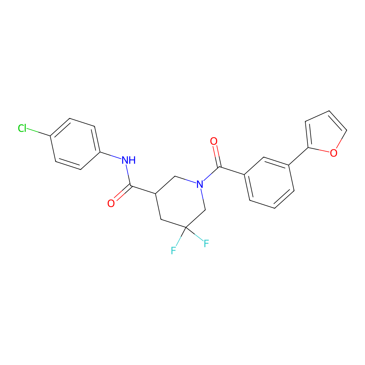 N-(4-chlorophenyl)-5,5-difluoro-1-(3-(furan-2-yl)benzoyl)piperidine-3-carboxamide molecular structure, CAS 1922098-69-8