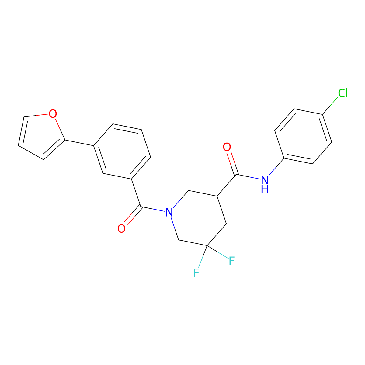N-(4-chlorophenyl)-5,5-difluoro-1-(3-(furan-2-yl)benzoyl)piperidine-3-carboxamide molecular structure, CAS 1922098-69-8