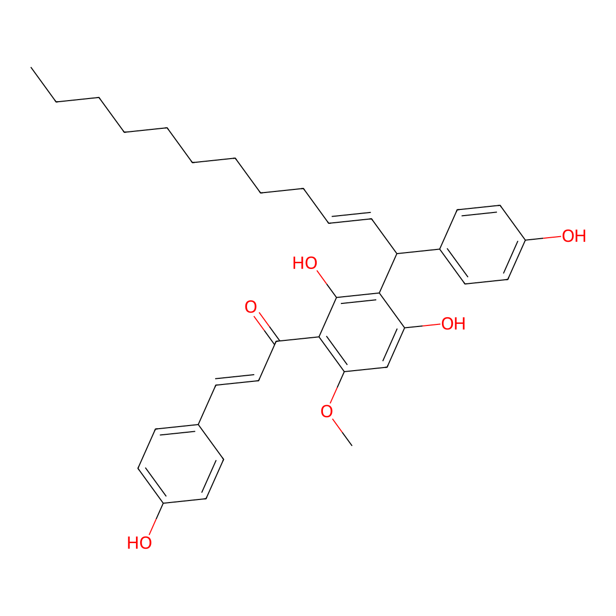1-[2,4-Dihydroxy-3-[1-(4-hydroxyphenyl)dodec-2-enyl]-6-methoxyphenyl]-3-(4-hydroxyphenyl)prop-2-en-1-one molecular structure, CAS 1922129-43-8
