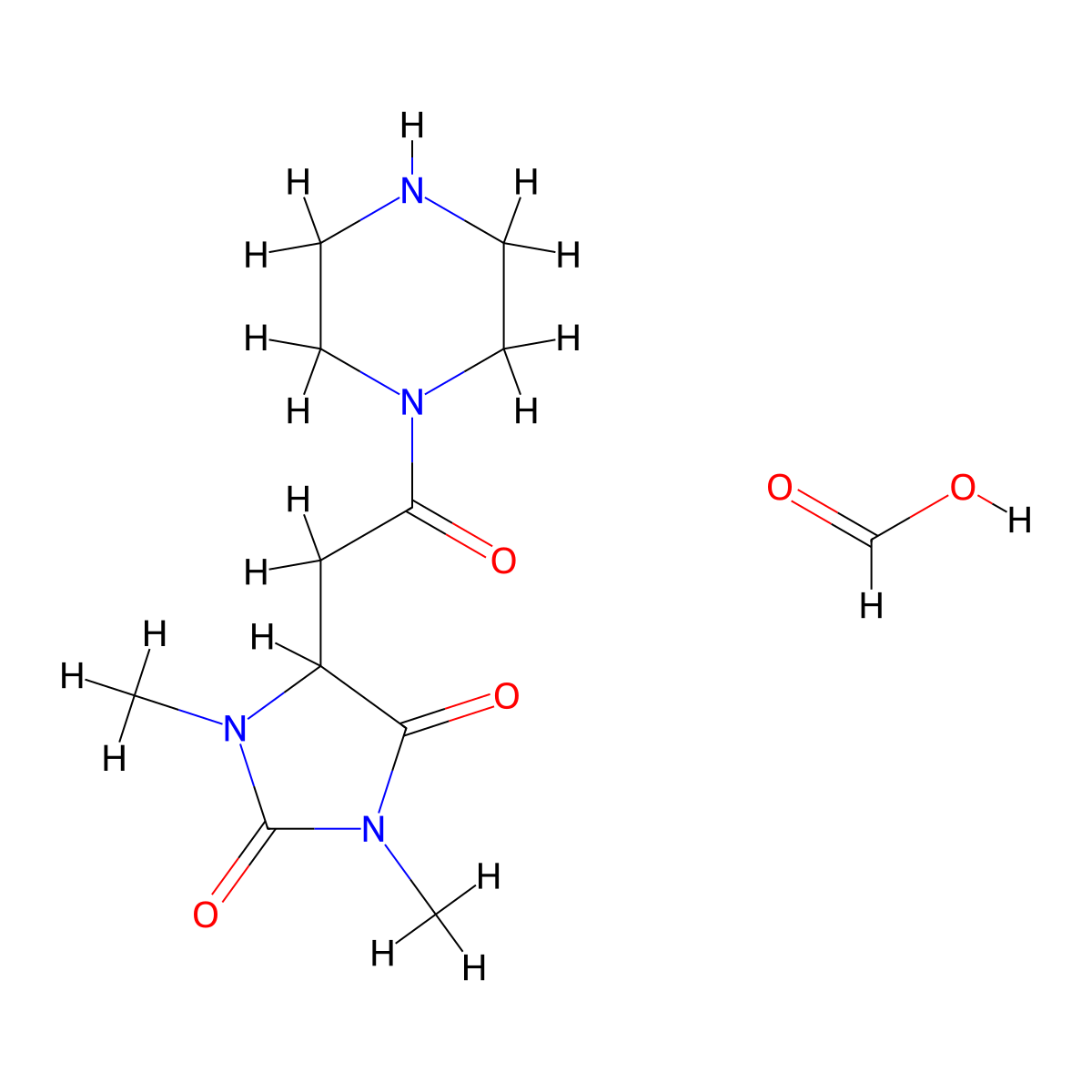 Formic acid-1,3-dimethyl-5-(2-oxo-2-piperazin-1-ylethyl)imidazolidine-2,4-dione (1:1) molecular structure, CAS 1922672-09-0