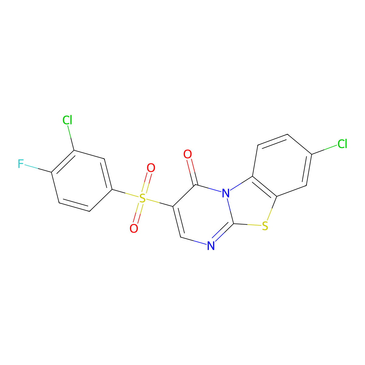 8-chloro-3-[(3-chloro-4-fluorophenyl)sulfonyl]-4H-pyrimido[2,1-b][1,3]benzothiazol-4-one molecular structure, CAS 1923126-79-7