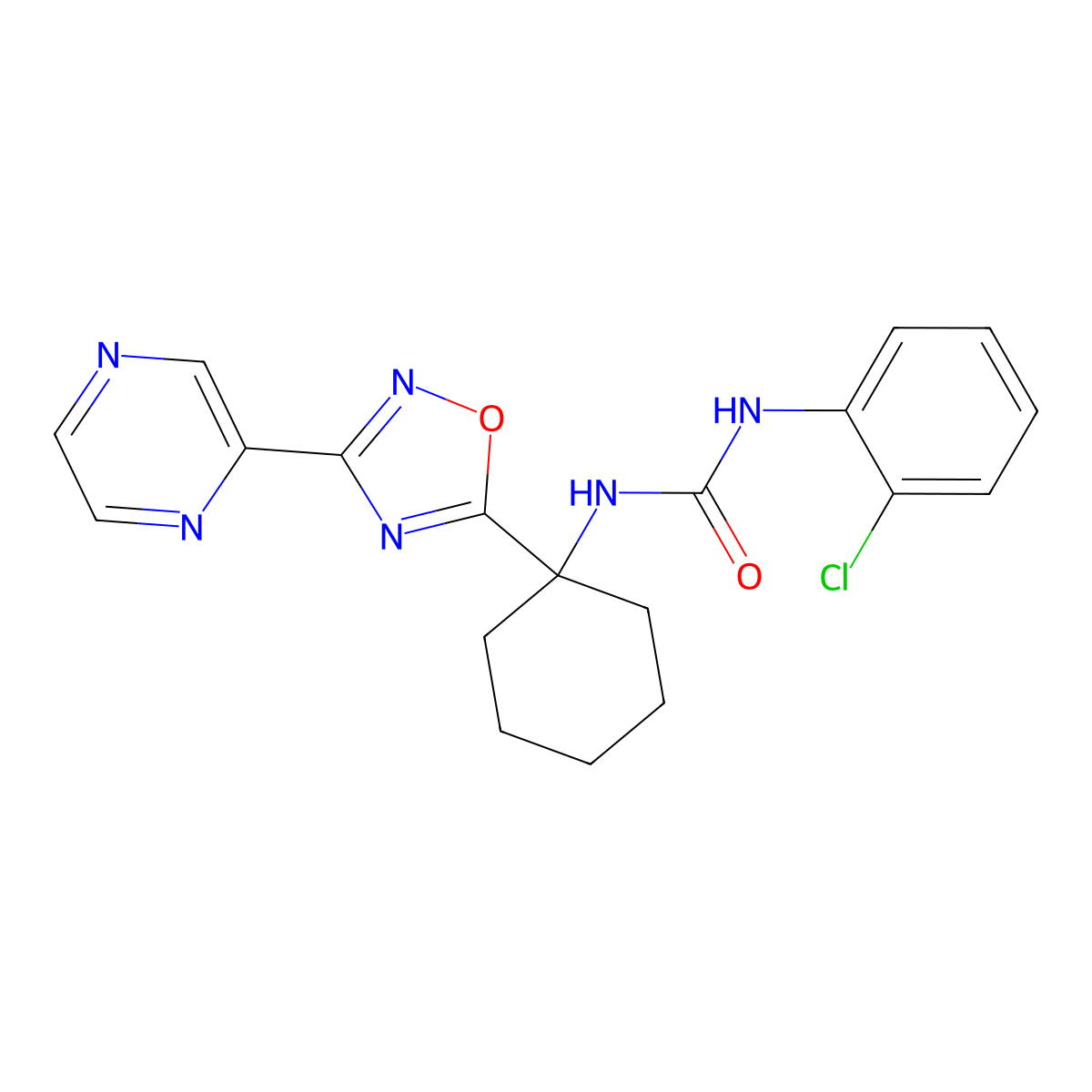 1-(2-Chlorophenyl)-3-{1-[3-(pyrazin-2-yl)-1,2,4-oxadiazol-5-yl]cyclohexyl}urea molecular structure, CAS 1923132-83-5