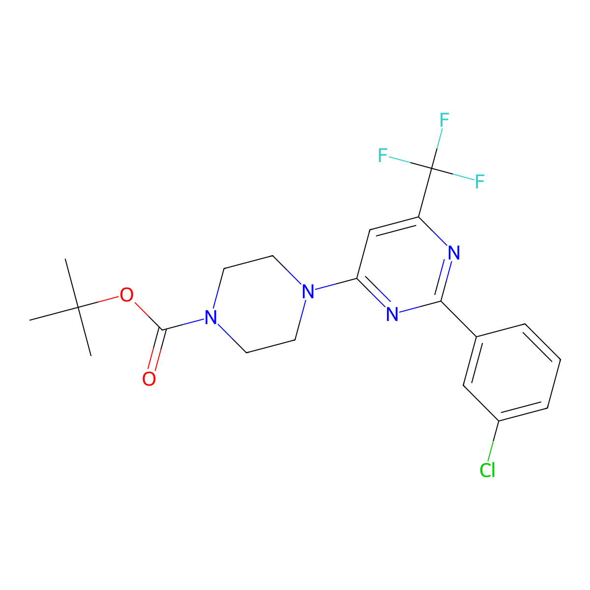 Tert-butyl 4-[2-(3-chlorophenyl)-6-(trifluoromethyl)pyrimidin-4-yl]piperazine-1-carboxylate molecular structure, CAS 1923140-07-1