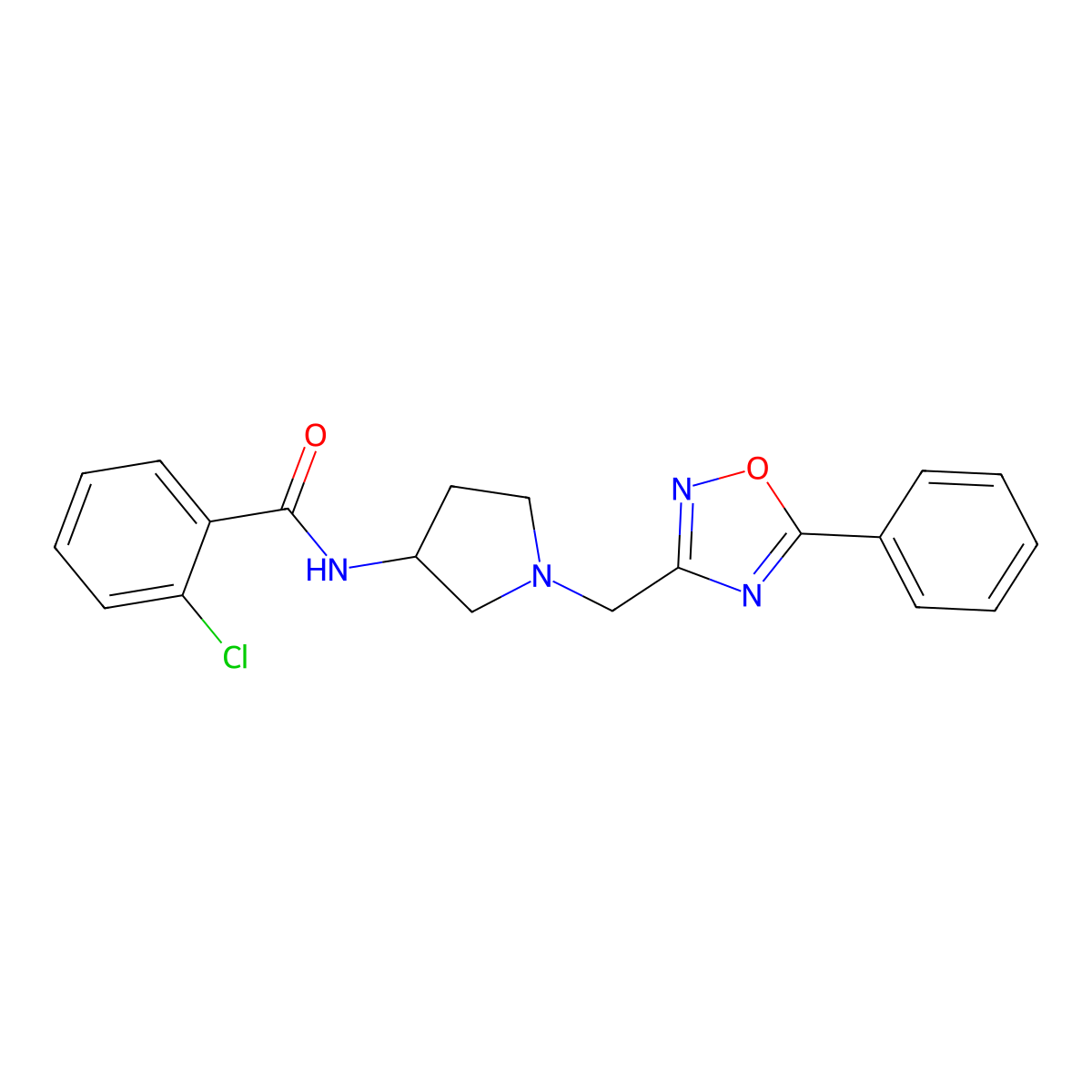 2-chloro-N-{1-[(5-phenyl-1,2,4-oxadiazol-3-yl)methyl]pyrrolidin-3-yl}benzamide molecular structure, CAS 1923140-35-5