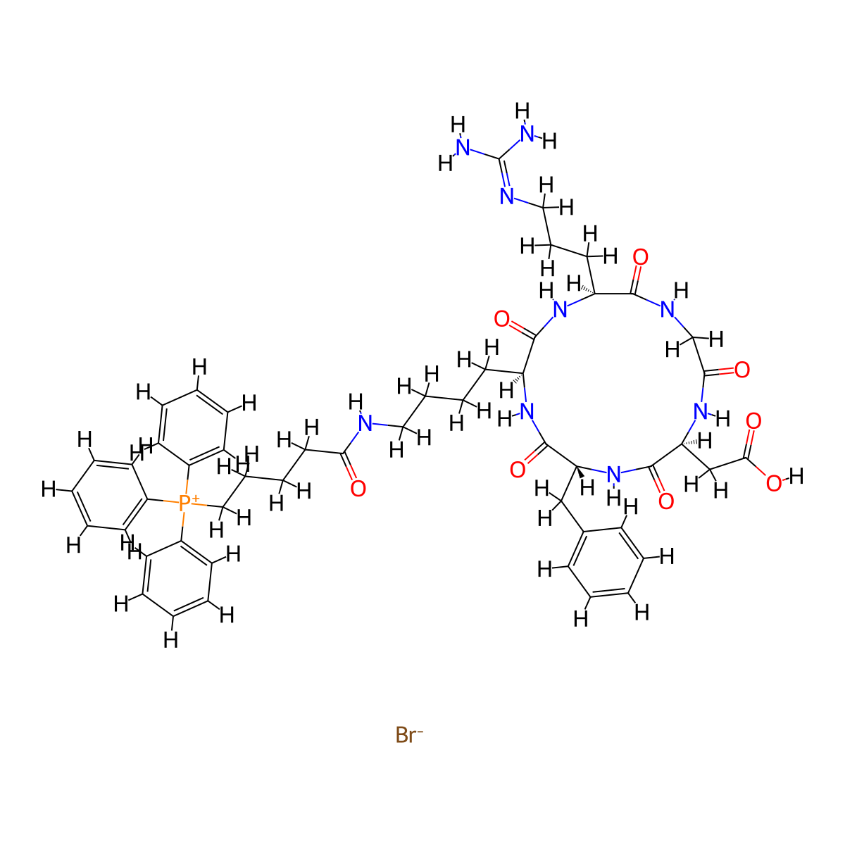 [5-[4-[(2S,5S,11S,14R)-14-benzyl-11-(carboxymethyl)-5-[3-(diaminomethylideneamino)propyl]-3,6,9,12,15-pentaoxo-1,4,7,10,13-pentazacyclopentadec-2-yl]butylamino]-5-oxopentyl]-triphenylphosphanium bromide molecular structure, CAS 1926210-57-2