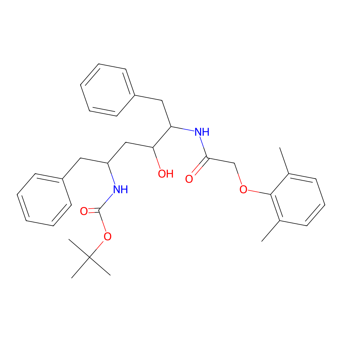 tert-Butyl ((2S,4S,5S)-5-(2-(2,6-dimethylphenoxy)acetamido)-4-hydroxy-1,6-diphenylhexan-2-yl)carbamate molecular structure, CAS 192725-45-4