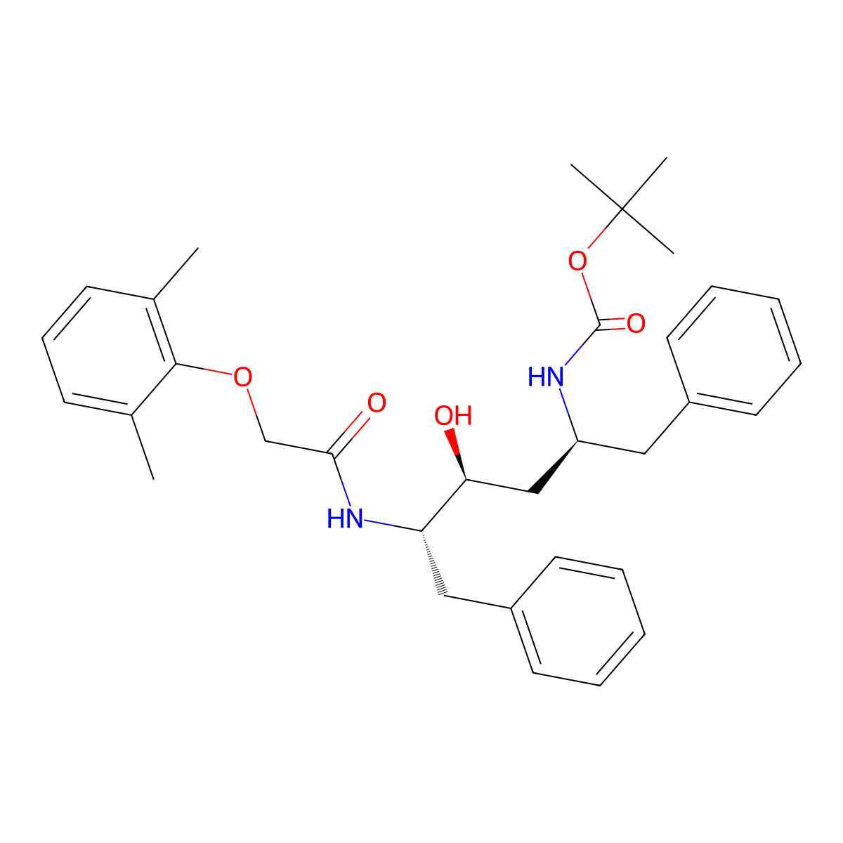 tert-Butyl ((2S,4S,5S)-5-(2-(2,6-dimethylphenoxy)acetamido)-4-hydroxy-1,6-diphenylhexan-2-yl)carbamate molecular structure, CAS 192725-45-4