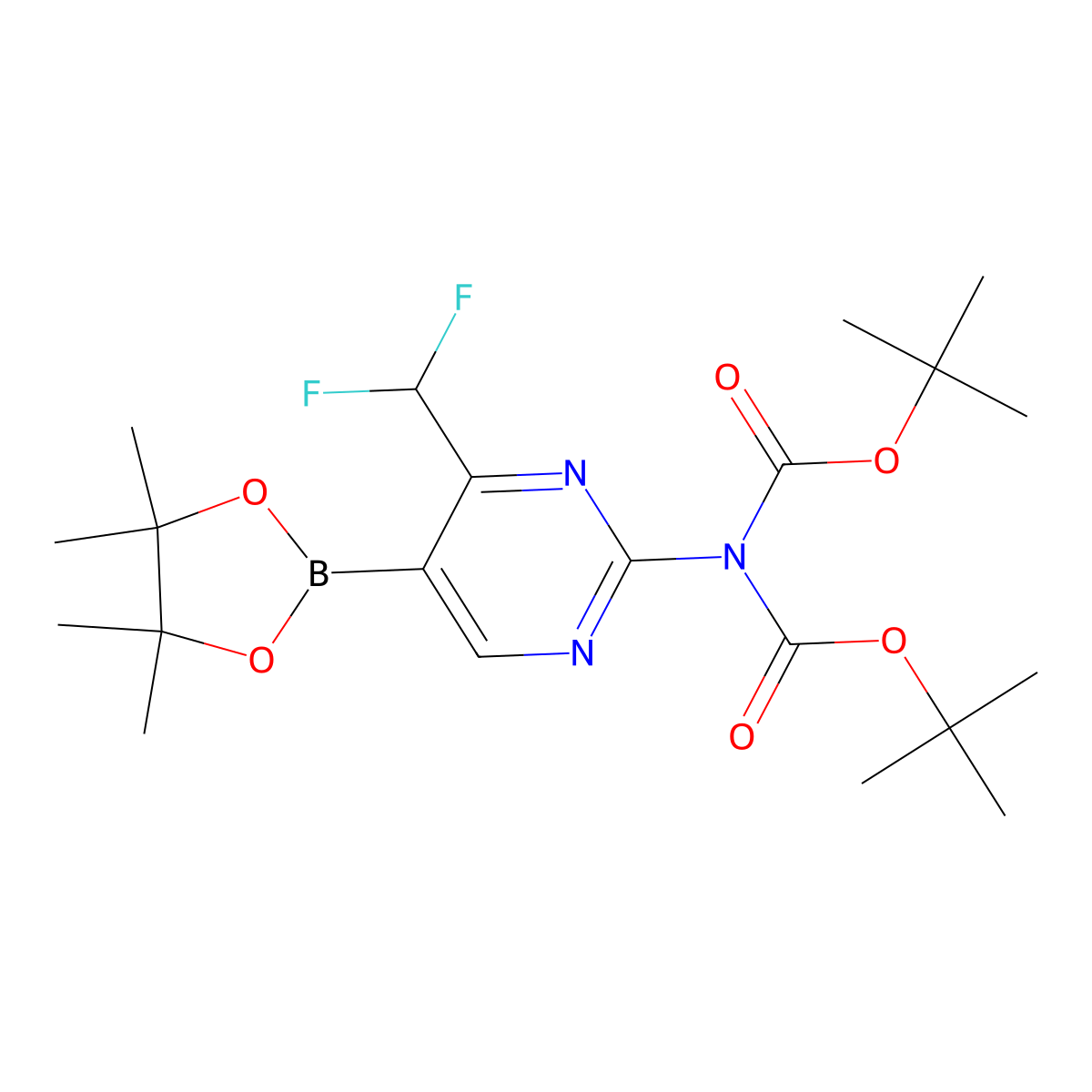Di-tert-butyl (4-(difluoromethyl)-5-(4,4,5,5-tetramethyl-1,3,2-dioxaborolan-2-yl)pyrimidin-2-yl)iminodicarbonate molecular structure, CAS 1927858-89-6