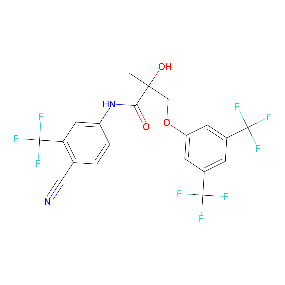 3-(3,5-Bis(trifluoromethyl)phenoxy)-N-(4-cyano-3-(trifluoromethyl)phenyl)-2-hydroxy-2-methylpropanamide molecular structure, CAS 1928724-23-5