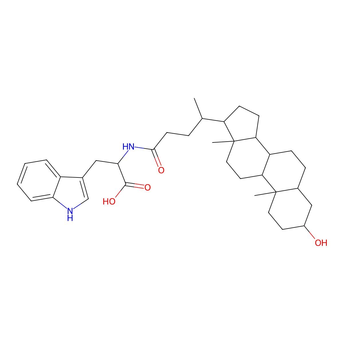 (2S)-2-[[(4R)-4-[(3R,5R,8R,9S,10S,13R,14S,17R)-3-hydroxy-10,13-dimethyl-2,3,4,5,6,7,8,9,11,12,14,15,16,17-tetradecahydro-1H-cyclopenta[a]phenanthren-17-yl]pentanoyl]amino]-3-(1H-indol-3-yl)propanoic acid molecular structure, CAS 192876-13-4