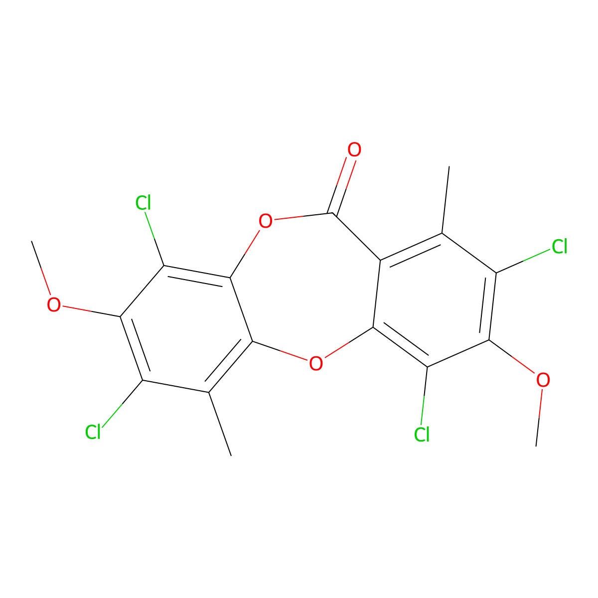 2,4,7,9-Tetrachloro-3,8-dimethoxy-1,6-dimethyl-11H-dibenzo[b,E][1,4]dioxepin-11-one molecular structure, CAS 19314-80-8