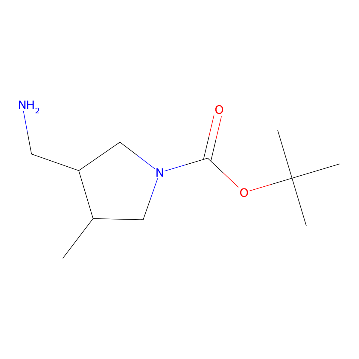 Cis-tert-butyl 3-(aminomethyl)-4-methylpyrrolidine-1-carboxylate molecular structure, CAS 1932427-48-9