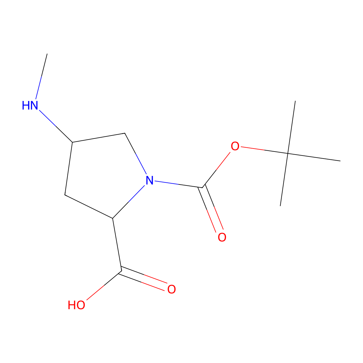 (2S,4R)-1-tert-butoxycarbonyl-4-(methylamino)pyrrolidine-2-carboxylic acid molecular structure, CAS 1932481-67-8