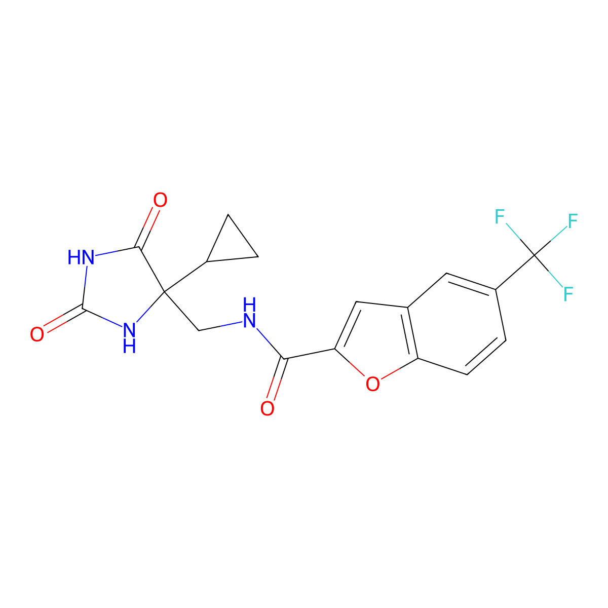 5-Trifluoromethyl-benzofuran-2-carboxylic acid (4R)-(4-cyclopropyl-2,5-dioxo-imidazolidin-4-ylmethyl)-amide molecular structure, CAS 1932657-00-5