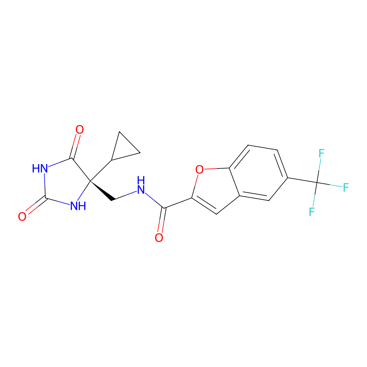 5-Trifluoromethyl-benzofuran-2-carboxylic acid (4R)-(4-cyclopropyl-2,5-dioxo-imidazolidin-4-ylmethyl)-amide molecular structure, CAS 1932657-00-5