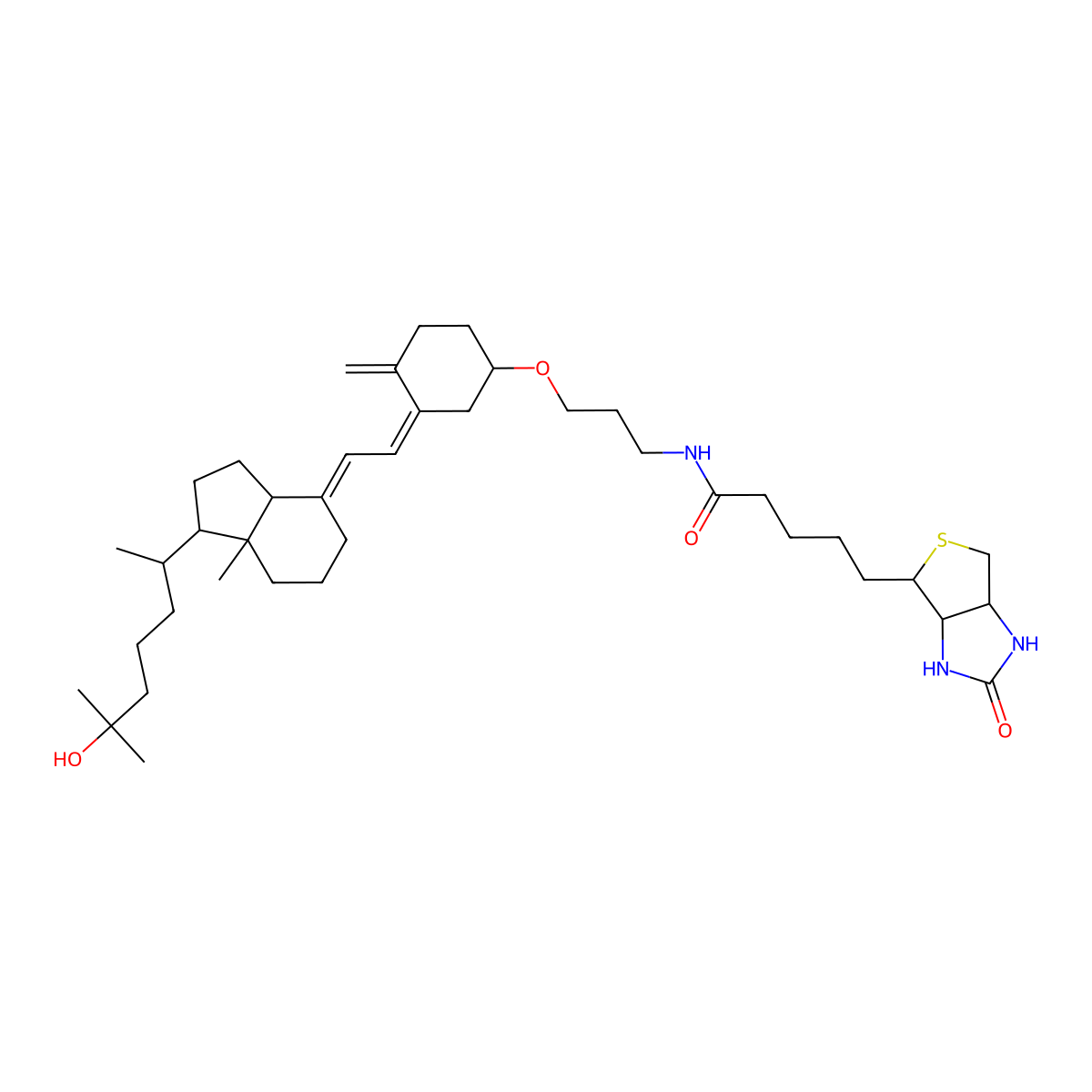 5-[(3aS,4R,6aR)-2-oxo-1,3,3a,4,6,6a-hexahydrothieno[3,4-d]imidazol-4-yl]-N-[3-[(1S)-3-[2-[(1S,7aR)-1-[(2R)-6-hydroxy-6-methylheptan-2-yl]-7a-methyl-2,3,3a,5,6,7-hexahydro-1H-inden-4-ylidene]ethylidene]-4-methylidenecyclohexyl]oxypropyl]pentanamide molecular structure, CAS 193278-59-0