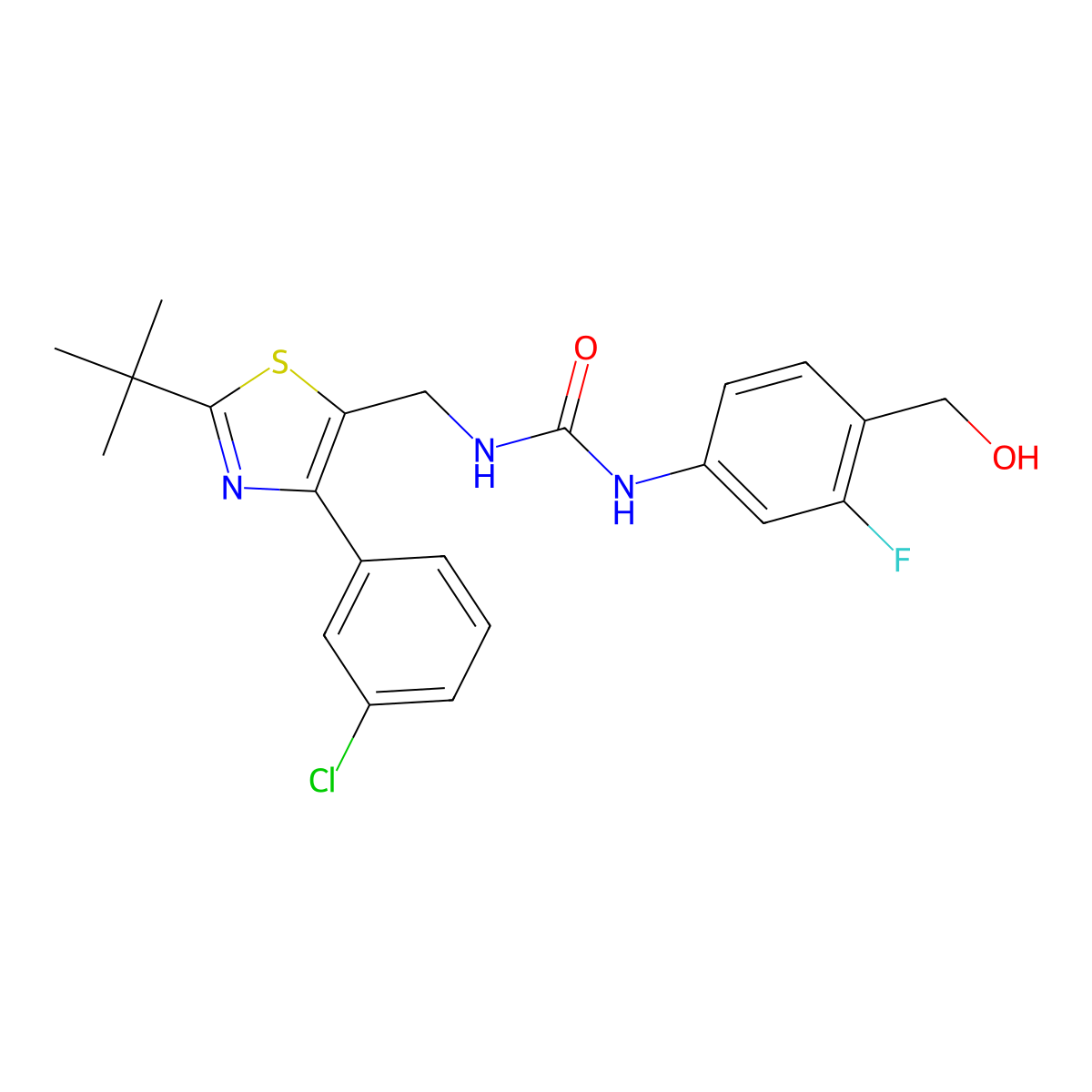 1-((2-(tert-Butyl)-4-(3-chlorophenyl)thiazol-5-yl)methyl)-3-(3-fluoro-4-(hydroxymethyl)phenyl)urea molecular structure, CAS 1933528-96-1