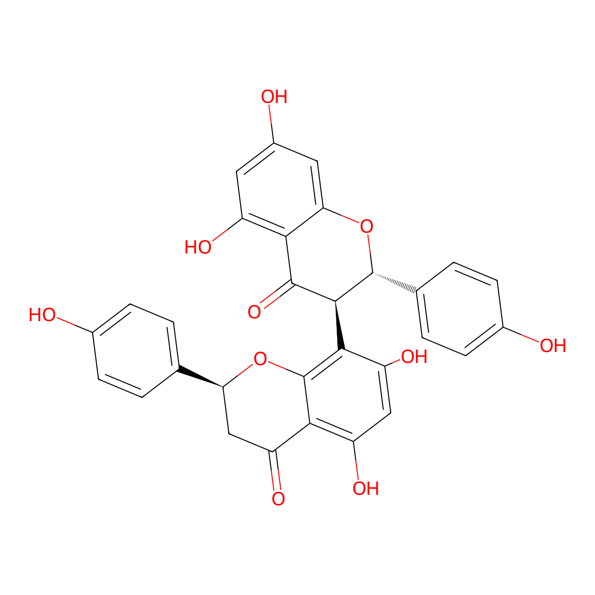 (3,8'-Bi-2H-1-benzopyran)-4,4'(3H,3'H)-dione, 5,5',7,7'-tetrahydroxy-2,2'-bis(4-hydroxyphenyl)-, (2S,2'S,3R)- molecular structure, CAS 19360-72-6