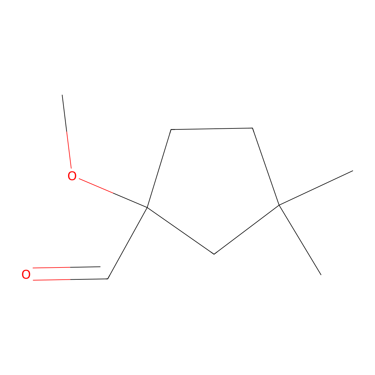 1-Methoxy-3,3-dimethylcyclopentane-1-carbaldehyde molecular structure, CAS 1936090-00-4