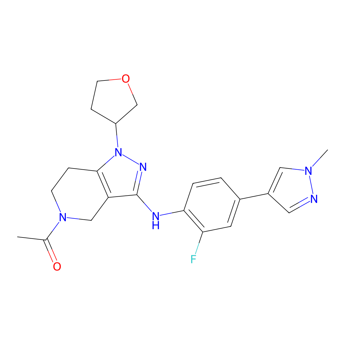 1-[3-[[2-Fluoranyl-4-(1-Methylpyrazol-4-Yl)phenyl]amino]-1-[(3~{s})-Oxolan-3-Yl]-6,7-Dihydro-4~{h}-Pyrazolo[4,3-C]pyridin-5-Yl]ethanone molecular structure, CAS 1936428-93-1