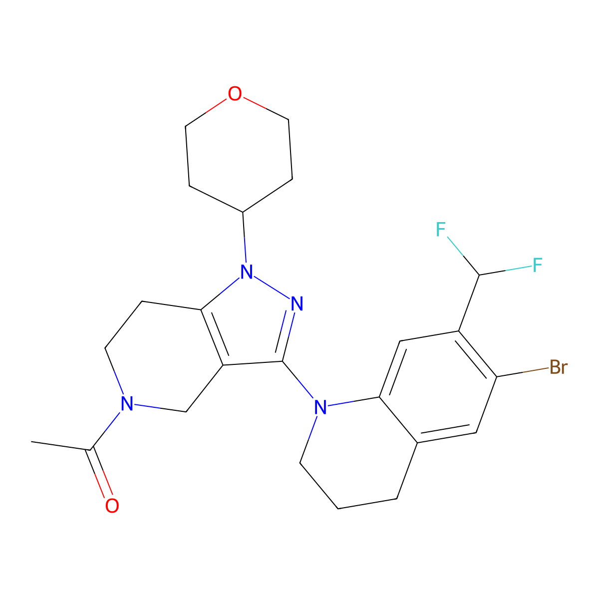1-(3-(6-Bromo-7-(difluoromethyl)-3,4-dihydroquinolin-1(2H)-yl)-1-(tetrahydro-2H-pyran-4-yl)-1,4,6,7-tetrahydro-5H-pyrazolo[4,3-c]pyridin-5-yl)ethan-1-one molecular structure, CAS 1936429-30-9