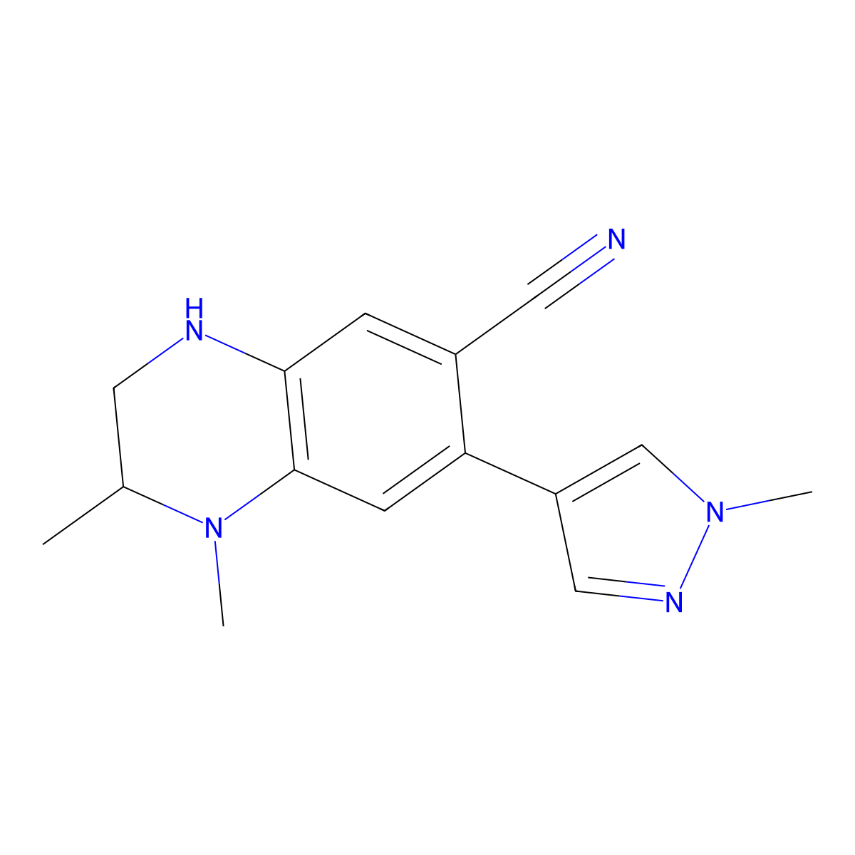 1,2-dimethyl-7-(1-methyl-1H-pyrazol-4-yl)-1,2,3,4-tetrahydroquinoxaline-6-carbonitrile molecular structure, CAS 1936430-83-9