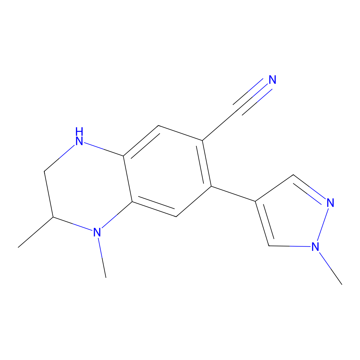 1,2-dimethyl-7-(1-methyl-1H-pyrazol-4-yl)-1,2,3,4-tetrahydroquinoxaline-6-carbonitrile molecular structure, CAS 1936430-83-9