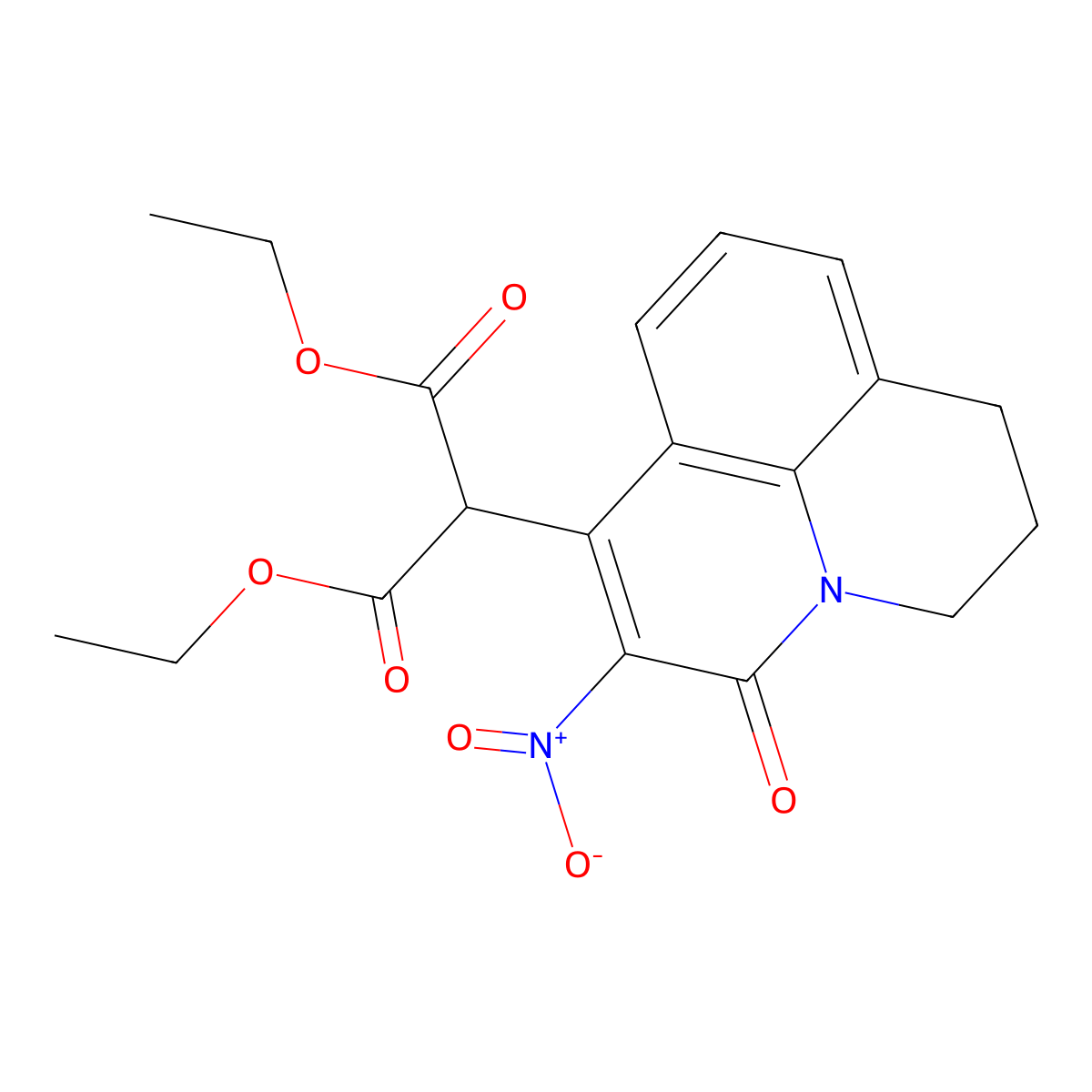 Diethyl 2-(3-nitro-2-oxo-1-azatricyclo[7.3.1.05,13]trideca-3,5,7,9(13)-tetraen-4-yl)propanedioate molecular structure, CAS 193673-42-6