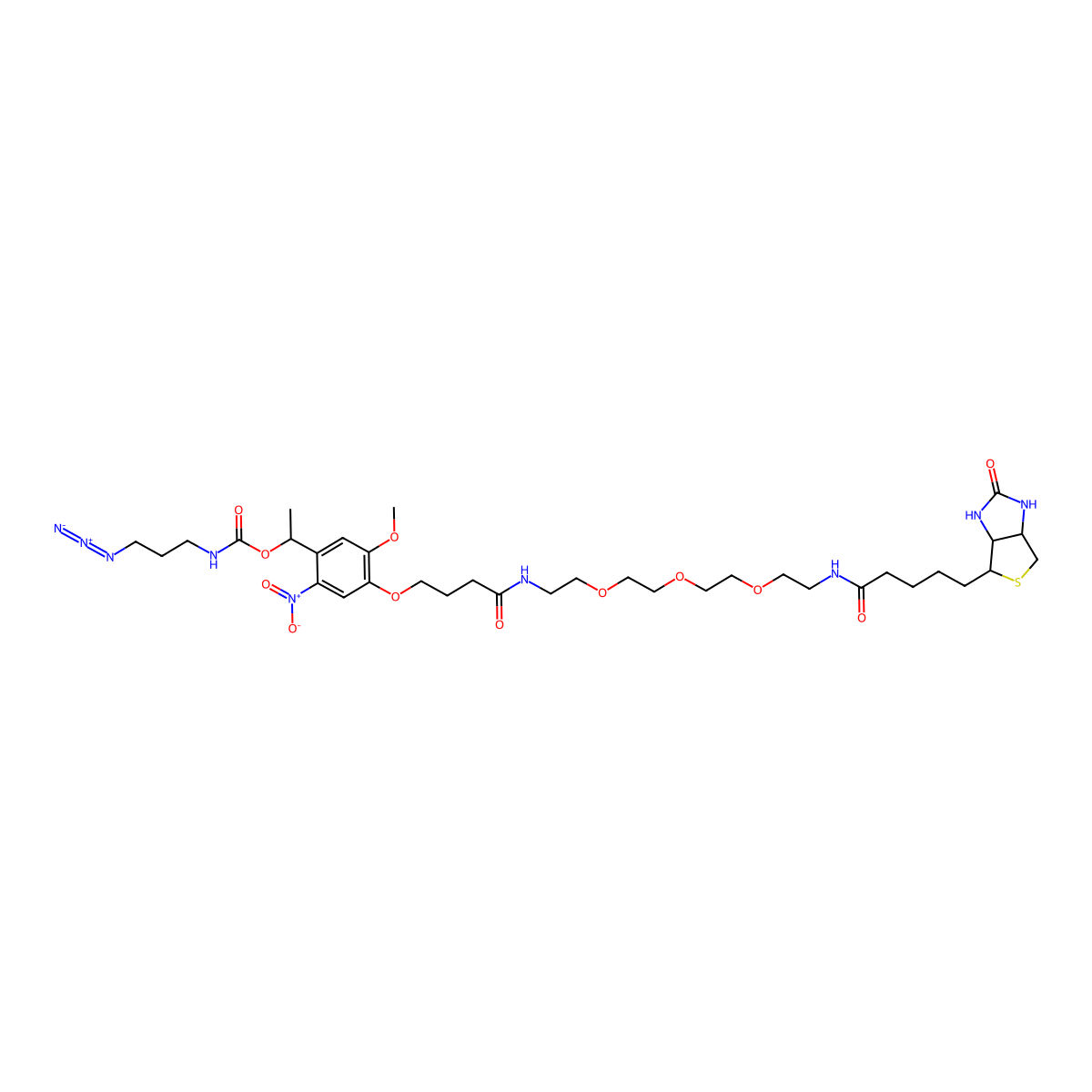 1(4{3[(2{2[2(2{5[(3aS,4S,6aR)2-oxohexahydro-1H-thieno[3,4-d]imidazole-4-yl]pentanamido}ethoxy)ethoxy]ethoxy}ethyl)carbamoyl]propoxy}-5-methoxy-2-nitrophenyl)ethyl-N(3-azidopropyl)carbamate molecular structure, CAS 1937270-46-6