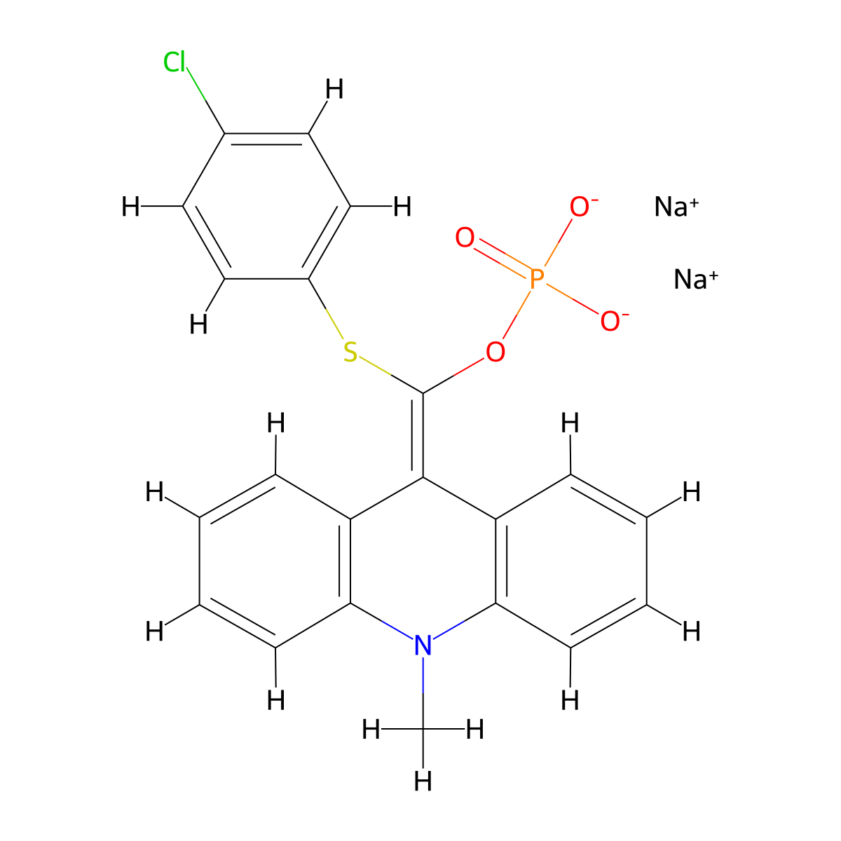 Sodium ((4-chlorophenyl)thio)(10-methylacridin-9(10H)-ylidene)methyl phosphate molecular structure, CAS 193884-53-6