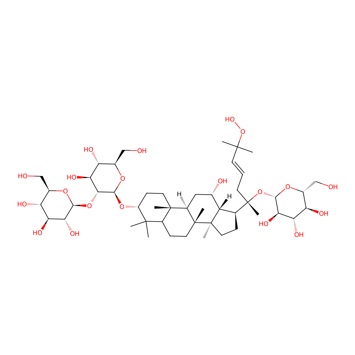 (2S,3R,4S,5S,6R)-2-[(2R,3R,4S,5S,6R)-2-[[(3R,8R,9R,10R,12S,13R,14R,17S)-17-[(2S)-6-hydroperoxy-6-methyl-2-[(2S,3R,4S,5S,6R)-3,4,5-trihydroxy-6-(hydroxymethyl)oxan-2-yl]oxyhept-4-en-2-yl]-12-hydroxy-4,4,8,10,14-pentamethyl-2,3,5,6,7,9,11,12,13,15,16,17-dodecahydro-1H-cyclopenta[a]phenanthren-3-yl]oxy]-4,5-dihydroxy-6-(hydroxymethyl)oxan-3-yl]oxy-6-(hydroxymethyl)oxane-3,4,5-triol molecular structure, CAS 193976-50-0