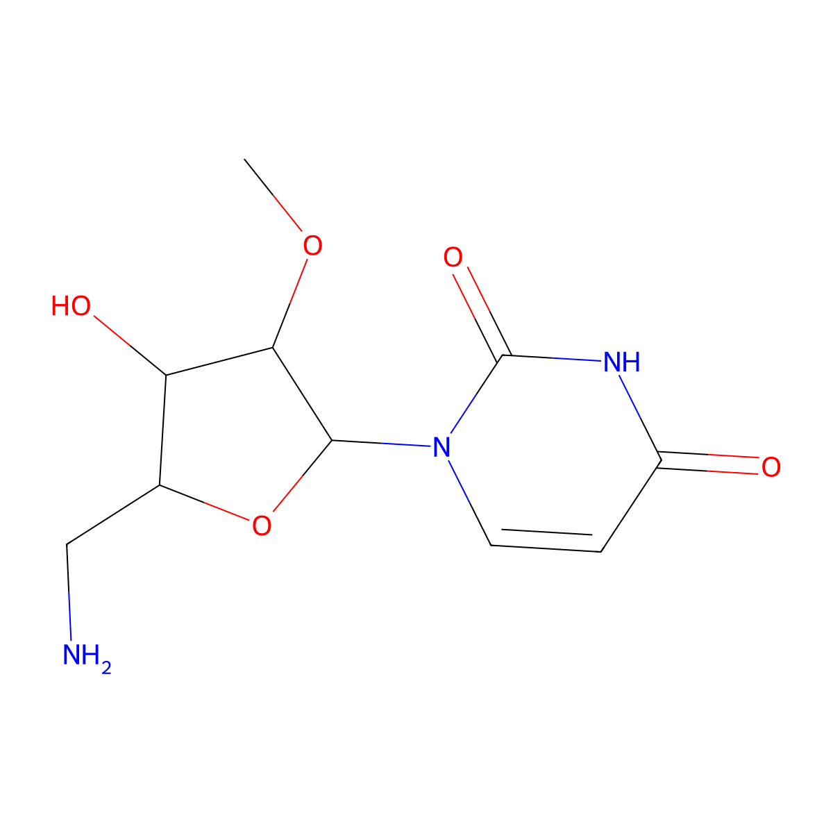1-((2R,3R,4R,5R)-5-(Aminomethyl)-4-hydroxy-3-methoxytetrahydrofuran-2-yl)pyrimidine-2,4(1H,3H)-dione molecular structure, CAS 194034-69-0