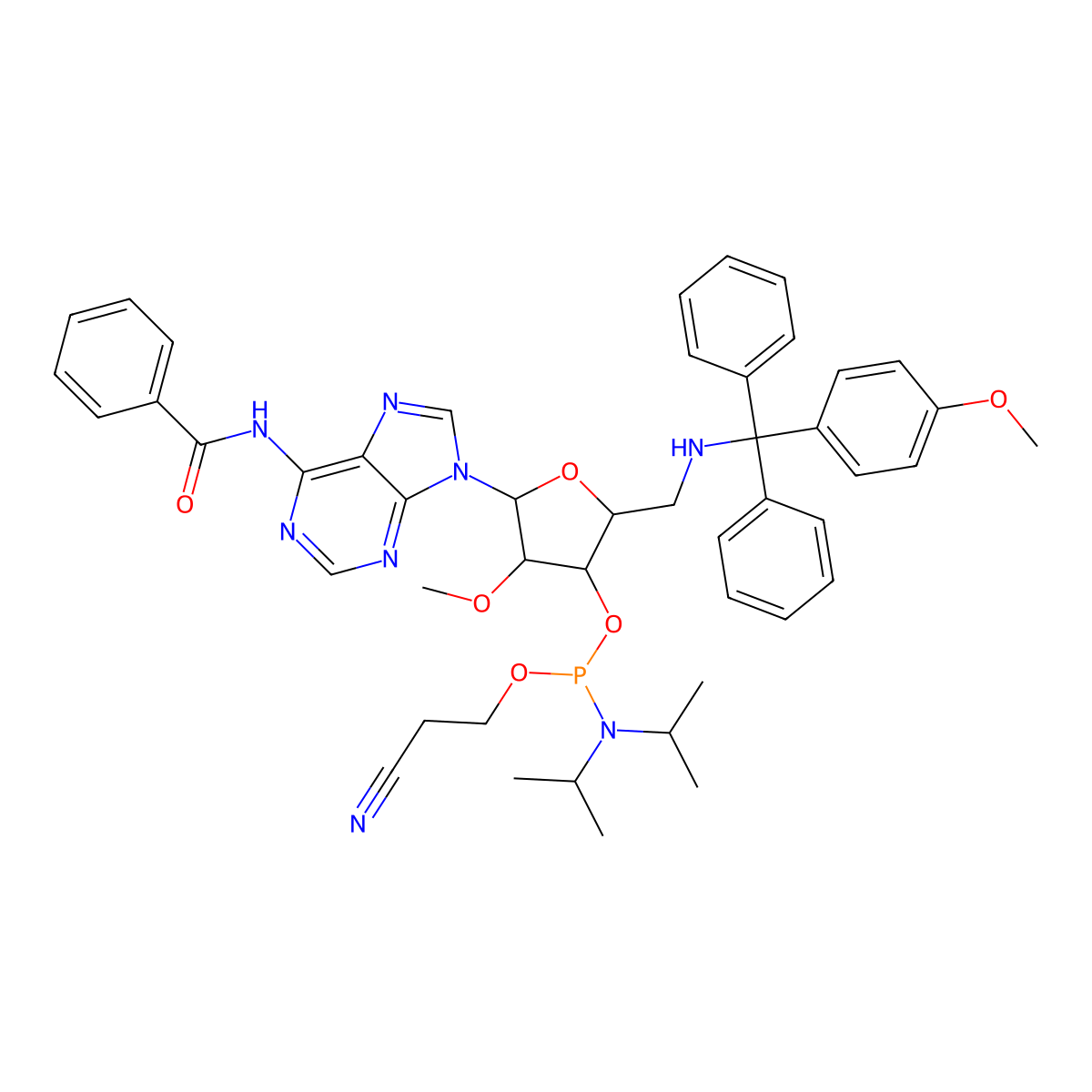 (2R,3R,4R,5R)-5-(6-Benzamido-9H-purin-9-yl)-4-methoxy-2-((((4-methoxyphenyl)diphenylmethyl)amino)methyl)tetrahydrofuran-3-yl (2-cyanoethyl) diisopropylphosphoramidite molecular structure, CAS 194034-83-8