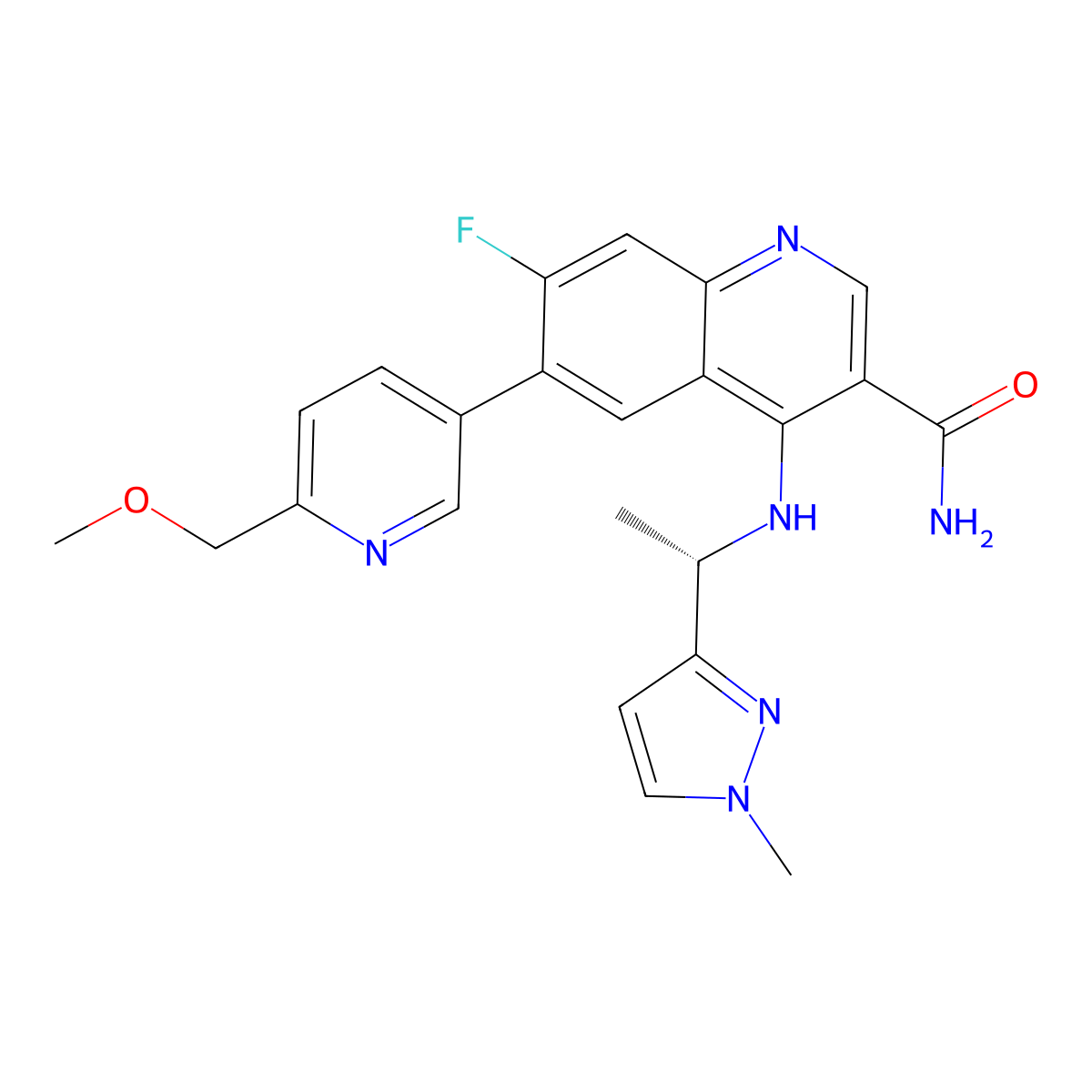 7-Fluoro-6-[6-(methoxymethyl)-3-pyridinyl]-4-[[(1S)-1-(1-methyl-1H-pyrazol-3-yl)ethyl]amino]-3-quinolinecarboxamide molecular structure, CAS 1941214-06-7
