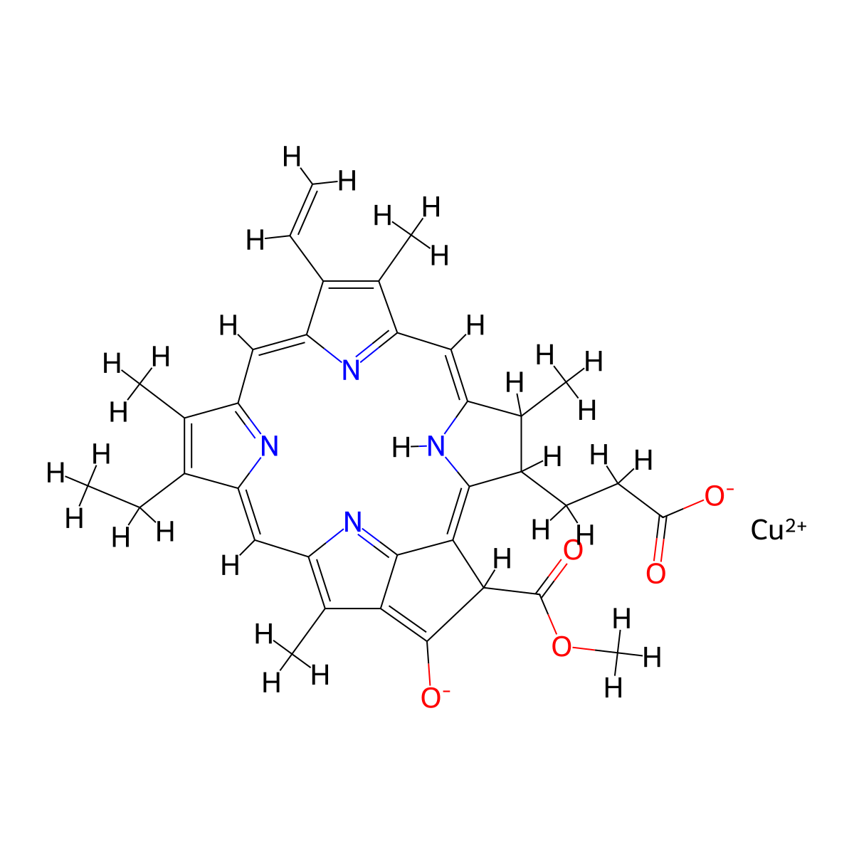 Copper(2+) 3-[9-ethenyl-14-ethyl-21-(methoxycarbonyl)-4,8,13,18-tetramethyl-20-oxo-23,25-didehydro-4,20,21,24-tetrahydro-3H-phorbin-25-id-3-yl]propanoate molecular structure, CAS 19426-70-1